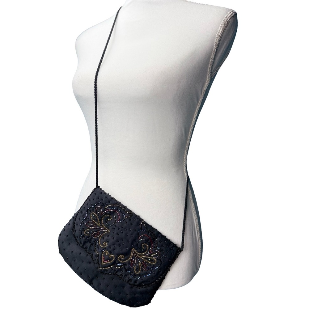 Vintage Black Satin Beaded Floral Evening Bag Crossbody Magnetic‎ Snap